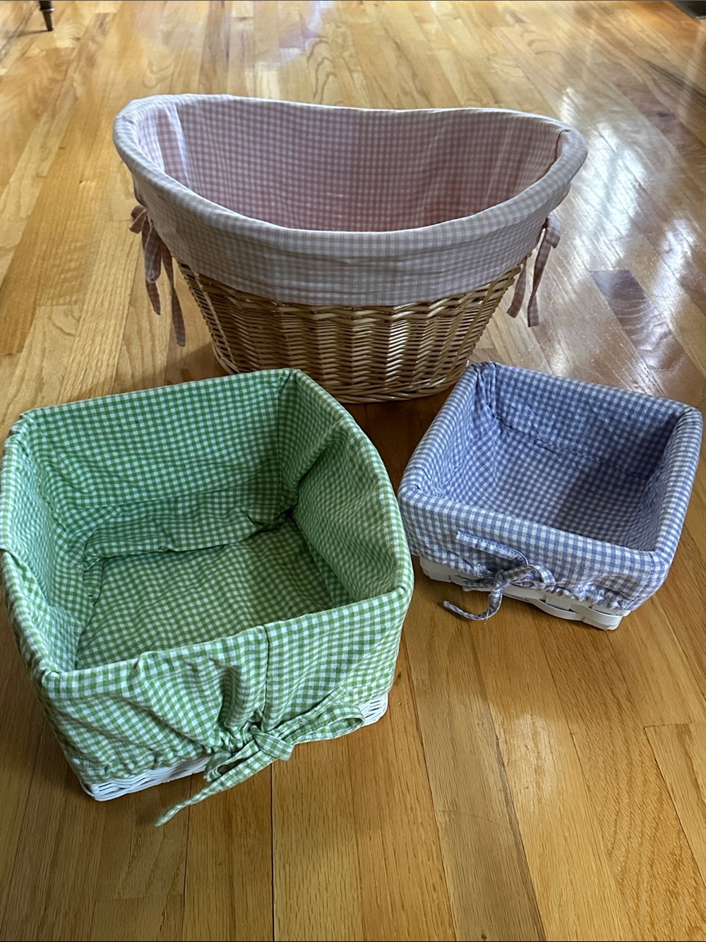 Set of 3 Gingham Lined Baskets - Pink, Green, Lavender